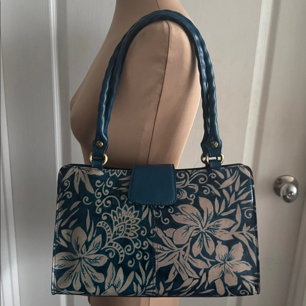 Patricia Nash Rienzo Greek Floral Leather Blue Shoulder Handbag